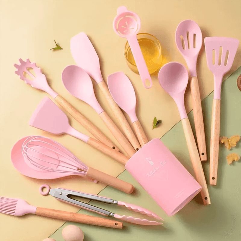 Kit Utensílios de Cozinha 14 Peças Silicone Com Organizador HDP