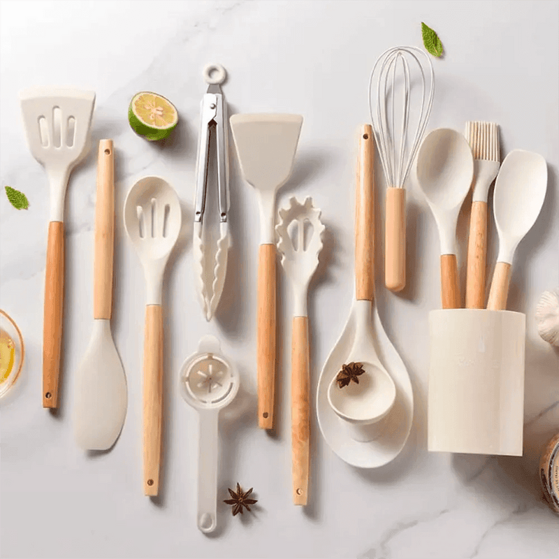 Kit Utensílios de Cozinha 14 Peças Silicone Com Organizador HDP