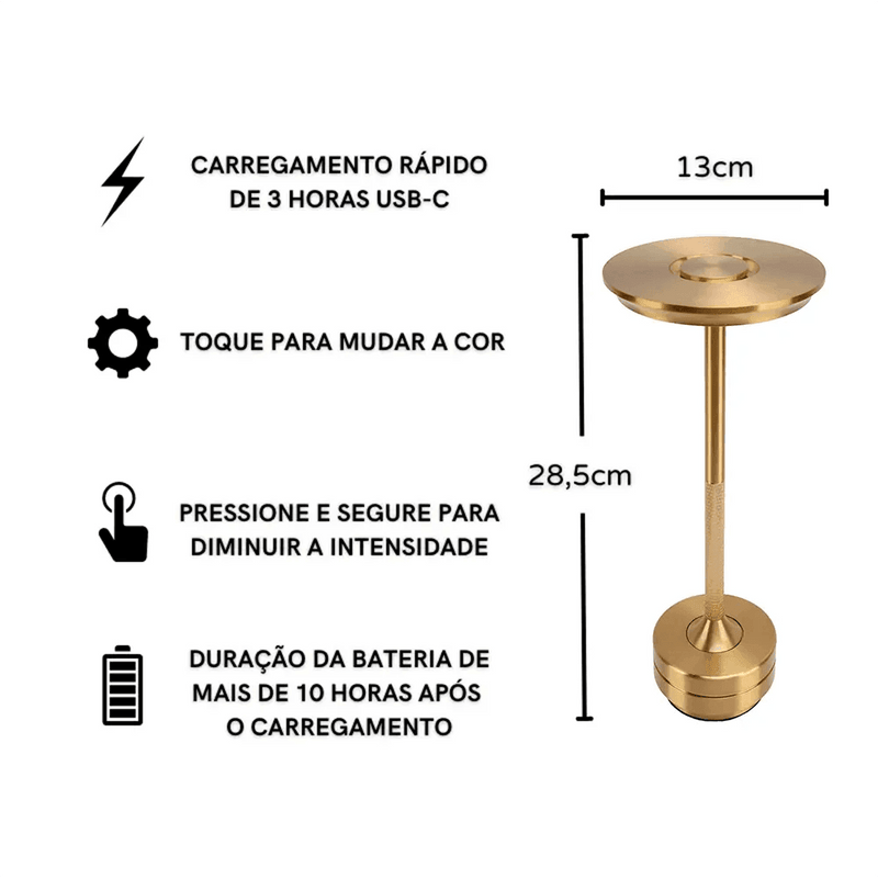 Luminária de Mesa LED Sem Fio Metal Recarregável - HDP