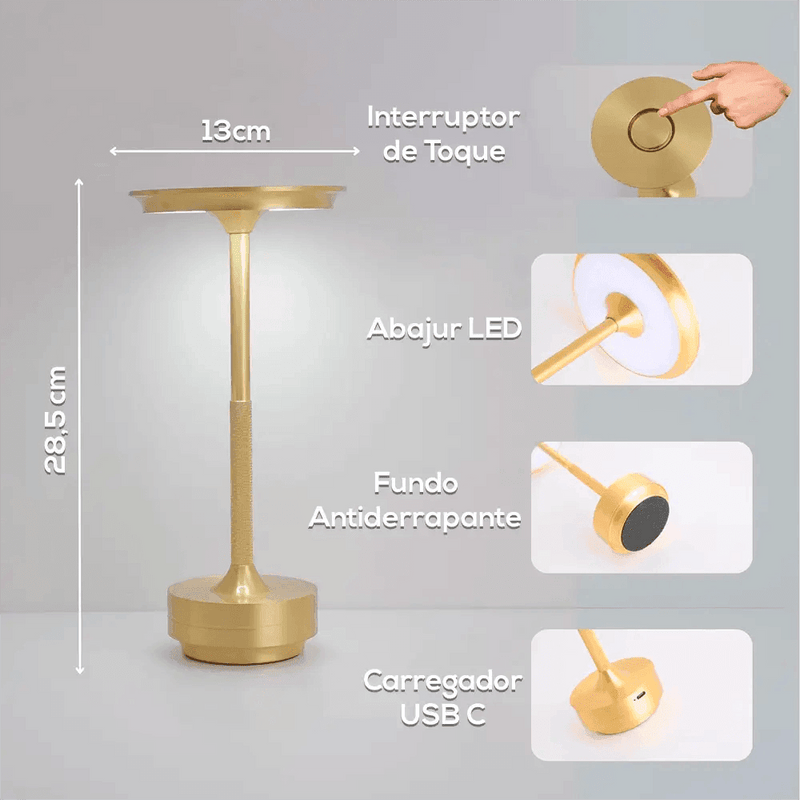 Luminária de Mesa LED Sem Fio Metal Recarregável - HDP