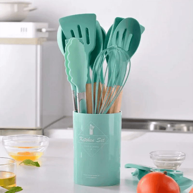 Kit Utensílios de Cozinha 14 Peças Silicone Com Organizador HDP